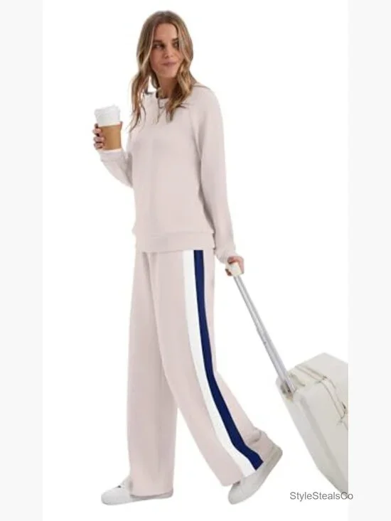 Women's 2-Piece Tracksuit Set Long Sleeve Pullover Wide Leg Pants - Picture 2 of 7